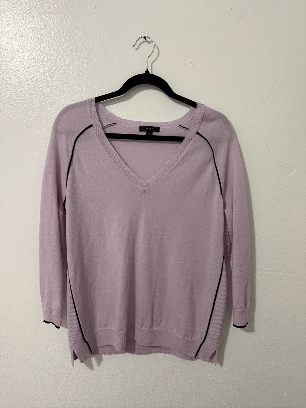 J. Crew Lavender V-Neck Sweater with Black Contrast Piping